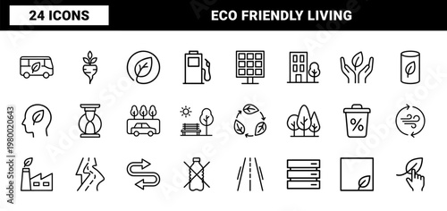 Sustainable green city icons with solar energy, electric cars, and recycling symbols.