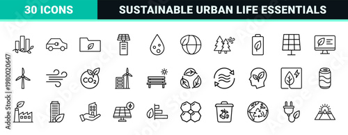 Sustainable city and green energy line icon set