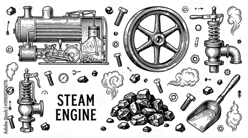 Steampunk Industrial Design Elements Set with Steam Engine Parts Coal and Mechanical Components