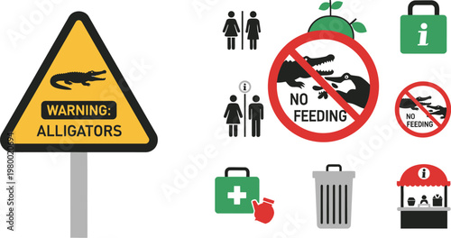 Alligator warning signs and safety icons provide clear visual guidance for public park areas and wildlife conservation zones.