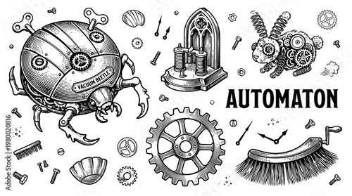Steampunk Mechanical Automaton Collection with Robot Beetle and Clockwork Rabbit Vector Illustration
