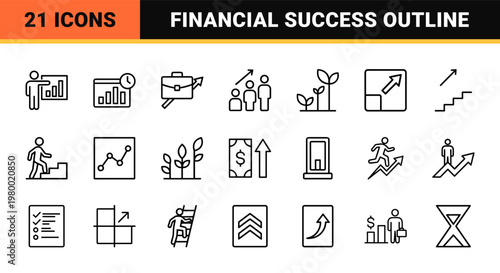 Business growth and analytics line icons with arrows and charts