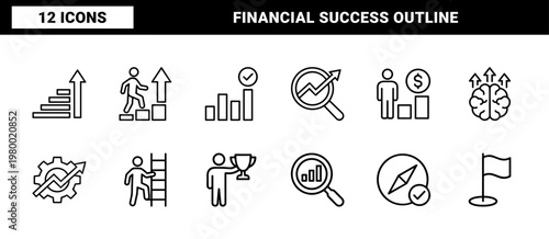 Business growth and financial success outline icons set