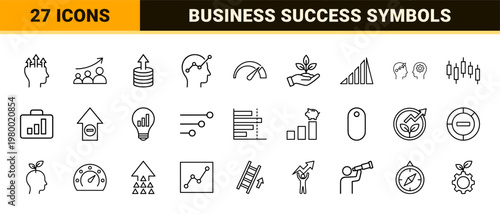 Minimalist business growth and financial success line icon set