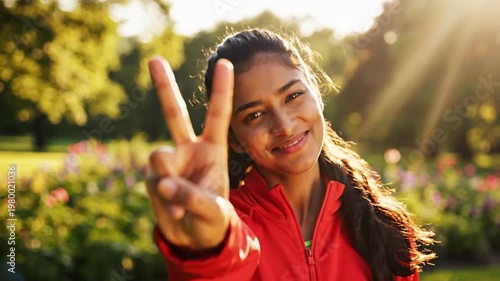 Happy Young Woman Making Peace Sign in Nature