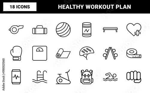 Minimalist gym and fitness linear icon set for workout and health