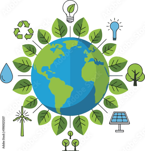 A vibrant illustration of the Earth surrounded by eco-friendly symbols and lush green leaves