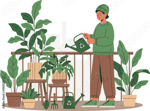 A person watering plants on a balcony with a green watering can