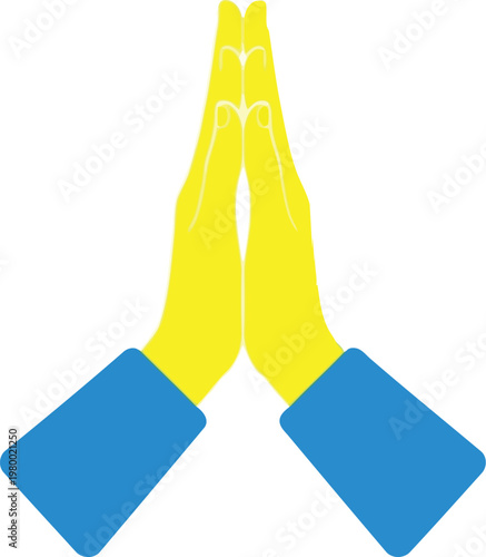 Yellow praying hands gesture blue sleeves folded together for greeting meditation or spiritual connection spiritual gesture