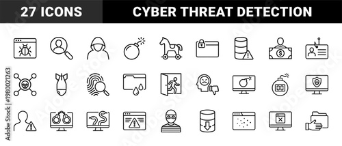 Cyber security and hacking minimalist line icons for web and app design.