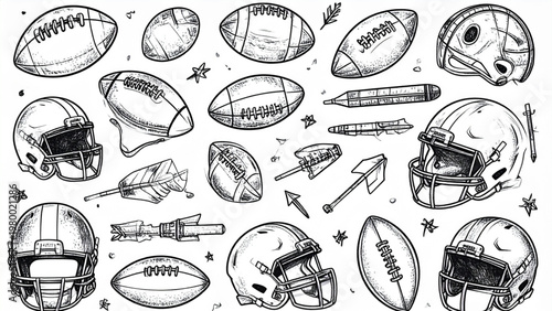 Hand Drawn American Football Doodle Set with Equipment and Game Day Elements