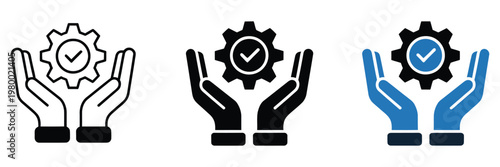 Technical support and quality assurance icon set with hands and gear for customer service, customer care support system and product quality control concept, repair service and technical assistance 