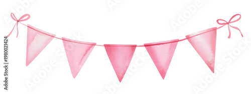 Soft pastel flag garland with bows watercolor birthday decoration element.