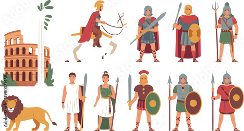 Ancient Rome citizens cartoon set with Roman men and women, soldiers and gladiators in armor wearing historic clothing vector illustration