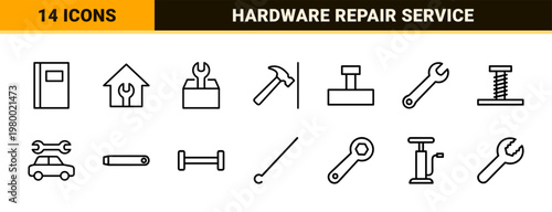 Minimalist hand tool and repair service icon set in thin line style