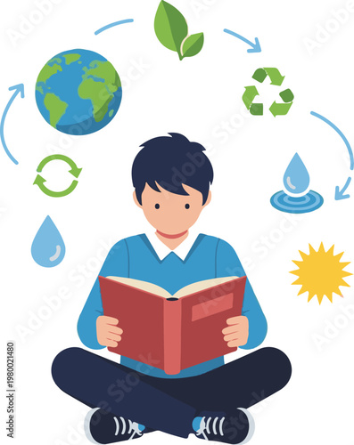 A young boy sitting cross-legged reading a book surrounded by eco-friendly symbols