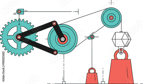 Mechanical engineering concept with gears pulleys belt drive and heavy weights in flat line style for industrial process or physics education vector illustration