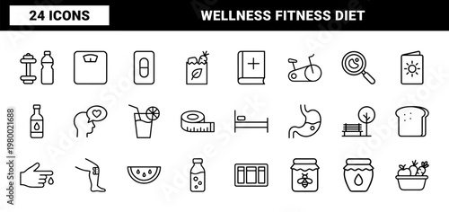 Wellness and fitness line icons for healthy lifestyle and diet