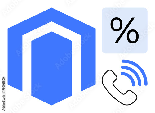 Home services, discounts, customer support, communication, finance, proposals. Blue geometric house, percentage symbol and phone icon. Home services and discounts concept