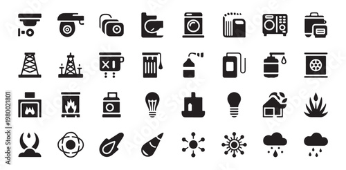 Set of black icons representing different types of energy sources and industrial equipment units