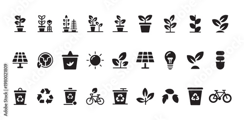 Collection of environmental and nature related icons including plants solar panels and bikes