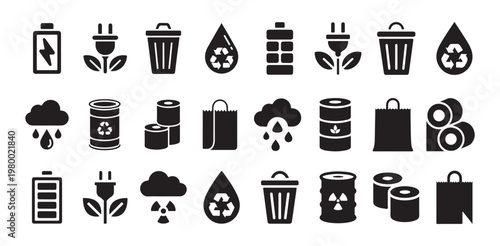 Eco friendly resource icons set including energy batteries recycling bins and waste barrels