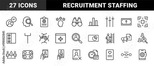 Human resources and headhunting recruitment thin line icons