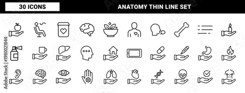 Healthcare and medical thin line icon set for wellness and anatomy.