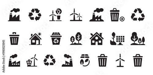 Industrial factory and renewable energy icons featuring wind turbines houses and solar panels