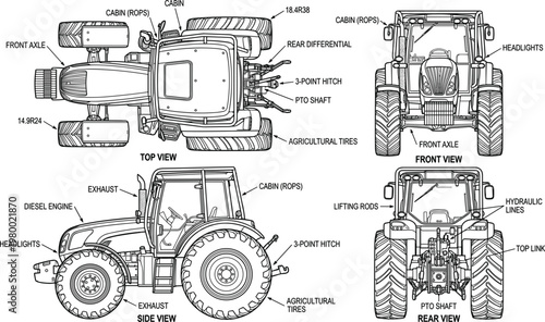Agricultural tractor technical diagram with labeled parts top side front and rear views detailed farming machinery line illustration