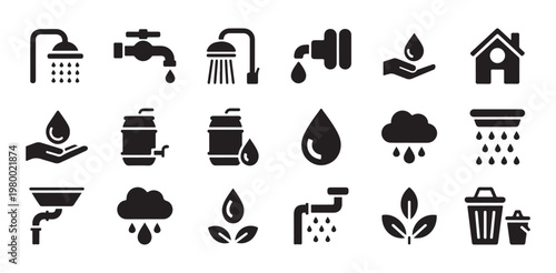Water conservation and plumbing black vector icons set with household service and bathroom