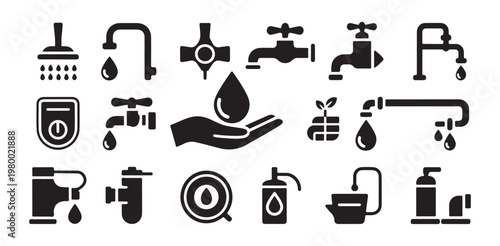 Industrial plumbing fixtures and kitchen faucet black vector icons for home repair service
