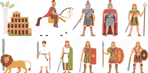Ancient Rome citizens cartoon set with Roman men and women, soldiers and gladiators in armor wearing historic clothing vector illustration