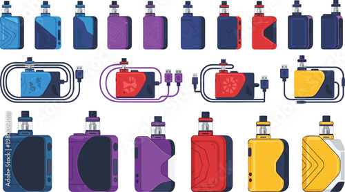 Large collection of modern electronic cigarette vape mod kits with usb chargers and colorful box designs isolated on white background flat vector illustration