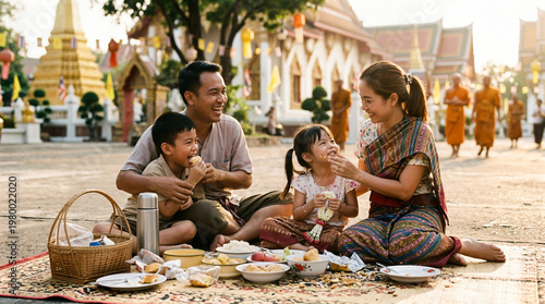 Traditional asian family making merit and offering food at temple during religious holiday