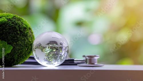 Transparent glass earth globe with stethoscope and nature background transparent stethoscope