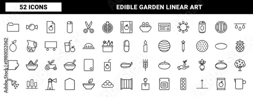 Minimalist edible fruit and vegetable linear icon set