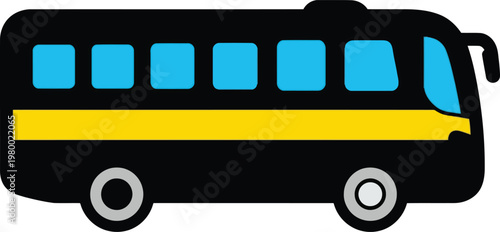 Black bus with yellow stripe and blue windows, side view, cartoon style, depicting transportation, travel and public transit on transparent background