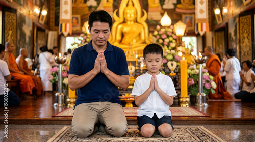Father and son practicing traditional buddhist prayer in temple during vesak festival celebration