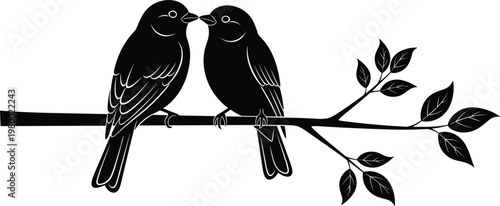 Minimalist Black and White Illustration of Two Love Birds on a Branch for Romantic and Nature Designs