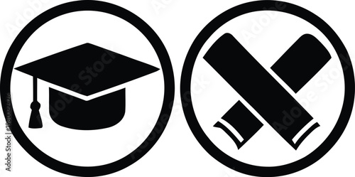 Graduation cap and rolled diploma icons representing academic success and university commencement ceremony for successful students