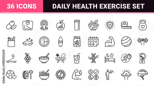 Minimalist healthy lifestyle and fitness line icon set