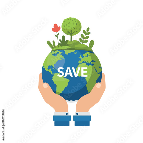A person holding a globe with plants and the word save on it