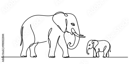 A minimalist single line drawing illustration featuring a mother elephant walking with her calf Vector, illustration