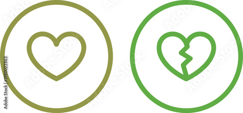 Two circular icons displaying a solid green heart and a fragmented green broken heart symbol