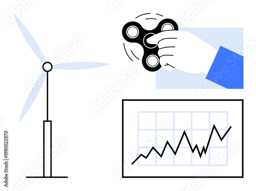 Renewable energy, stress relief, business growth, modern workplace, innovation, progress. A wind turbine, hand holding a fidget spinner and a line graph. Renewable energy and stress relief