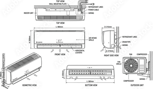 Air conditioner split system technical drawing with indoor and outdoor units multiple views detailed HVAC engineering line illustration