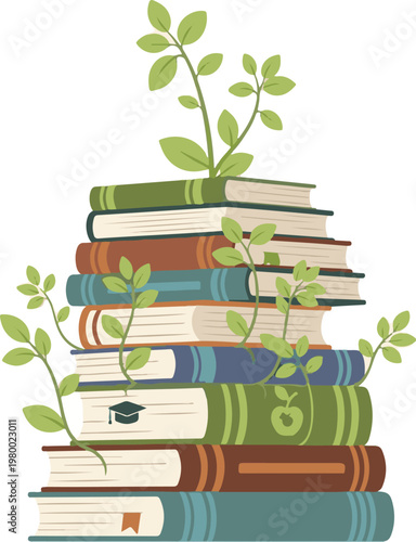 A stack of colorful books with green vines growing out of them