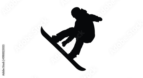 Snowboarder performing a mid air trick against a white background silhouette