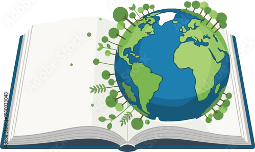 An open book with a globe and green leaves emerging from it